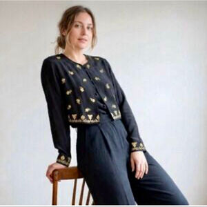 Diane von Furstenberg Black Silk Gold Embroidered Blouse Size S